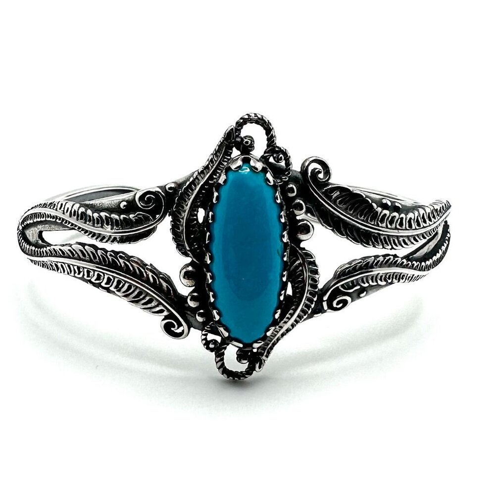American West Leaf & Scroll Oval Blue Turquoise Sterling Silver Cuff 6-3/4"